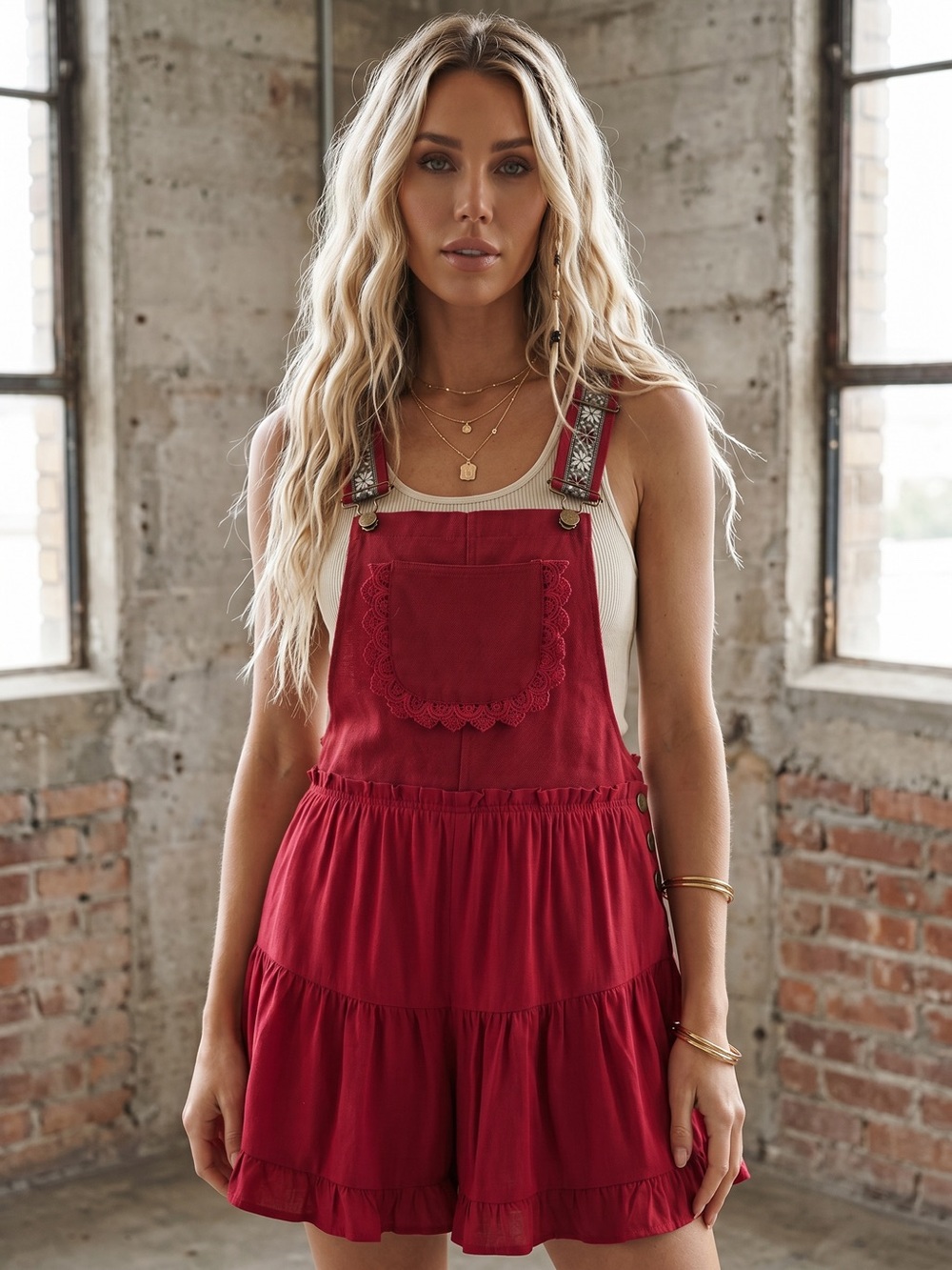 NWT Eesome Boho Festival Americana Romper Jumper Bib Shortalls Red